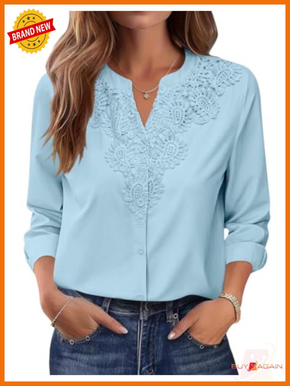 Lace Trim Button Down Blouse Long Sleeve V-Neck Dressy Top
